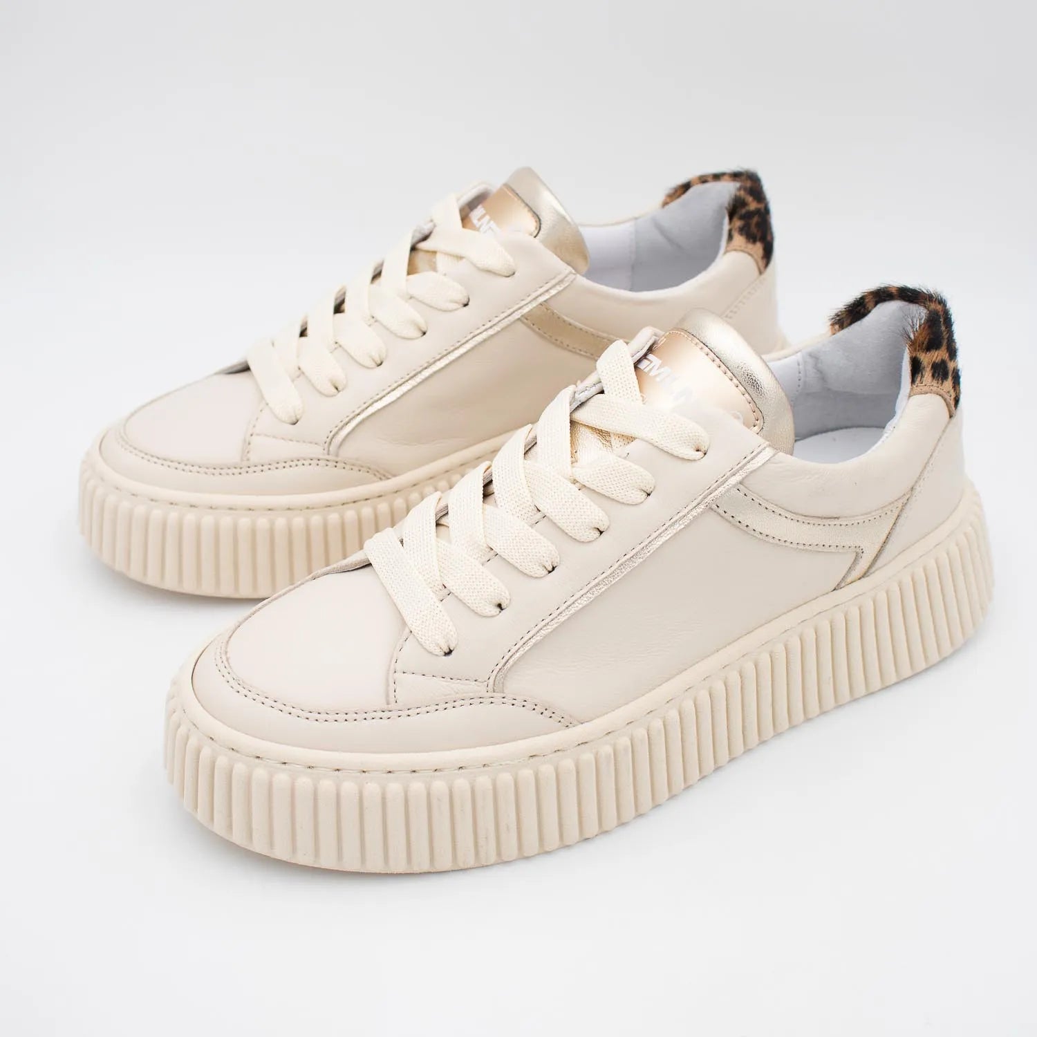 Beige Chunky Trainer with Gold and Leopard Print Detailing by Meline - Leavys Shoes