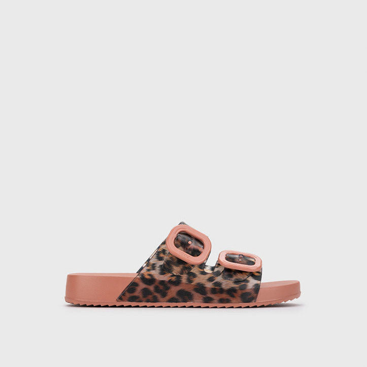 Pink slide sandal with leopard print straps on a white background