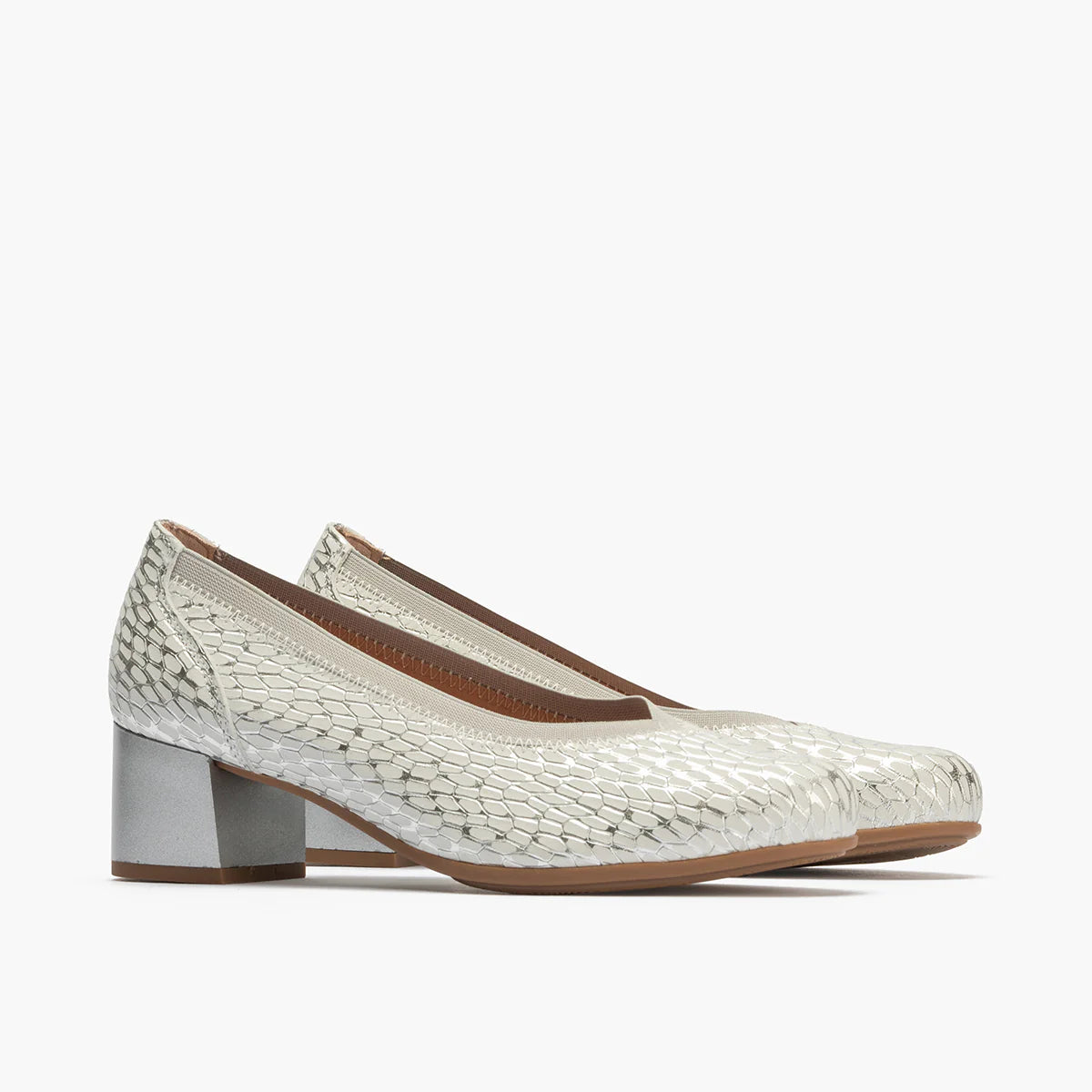 Pitillos Silver Leather Court Shoes with Block Heel - Leavys Shoes