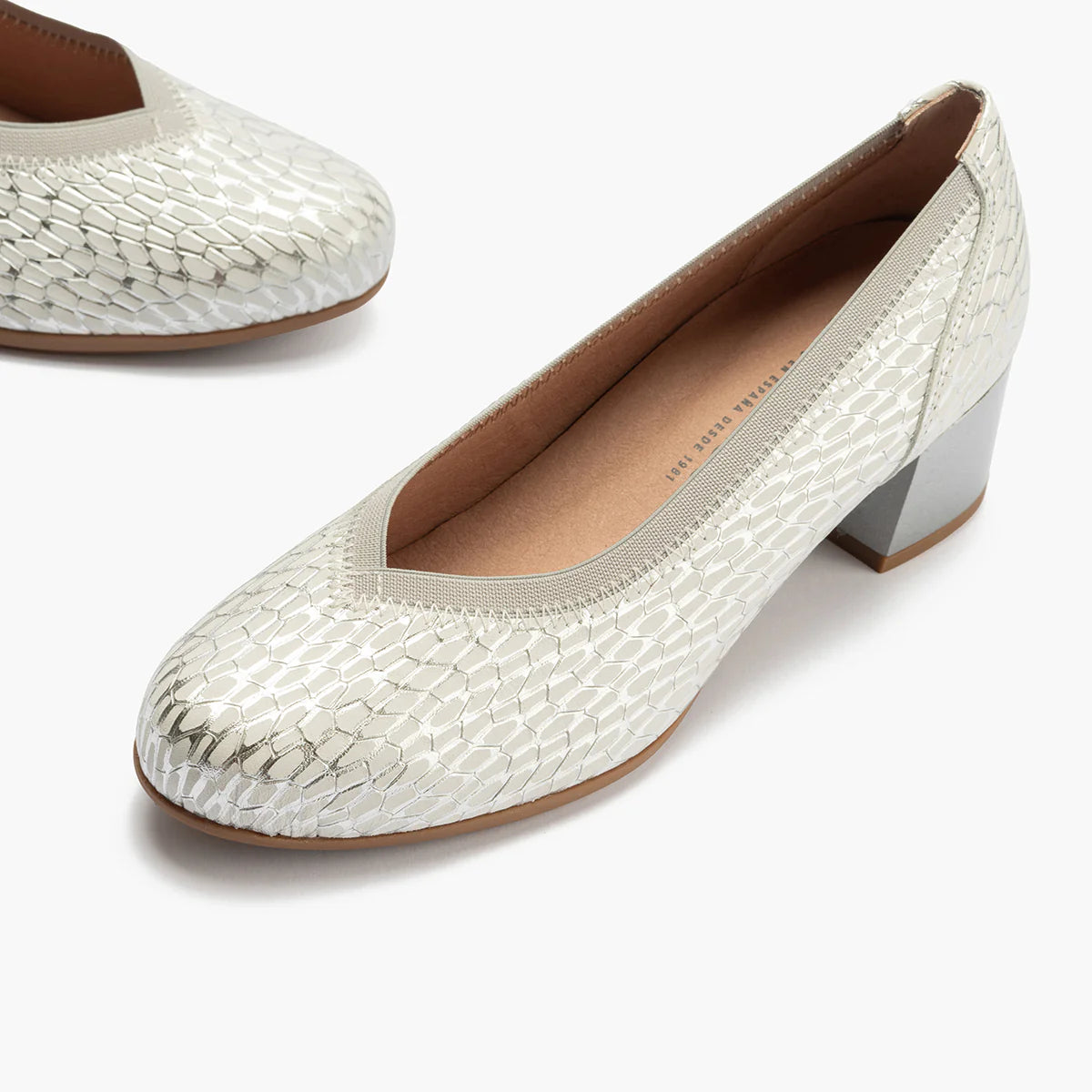 Pitillos Silver Leather Court Shoes with Block Heel - Leavys Shoes