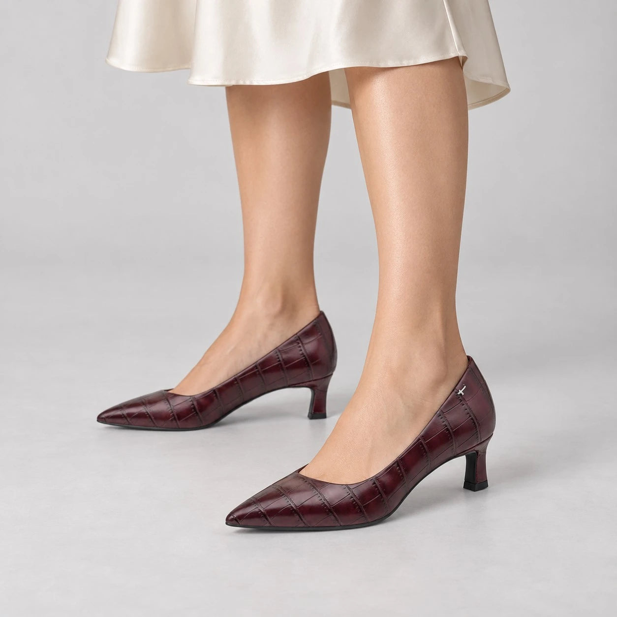 Tamaris Merlot Croc-Effect Kitten Heel Court Shoes