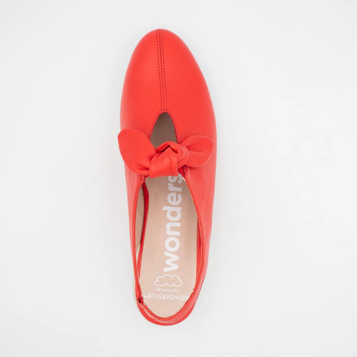 Red flat shoe with a bow on a white background