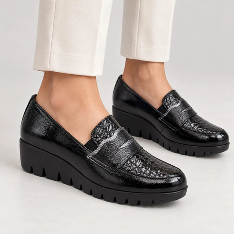 Wonders Black Patent Leather Wedge Loafers