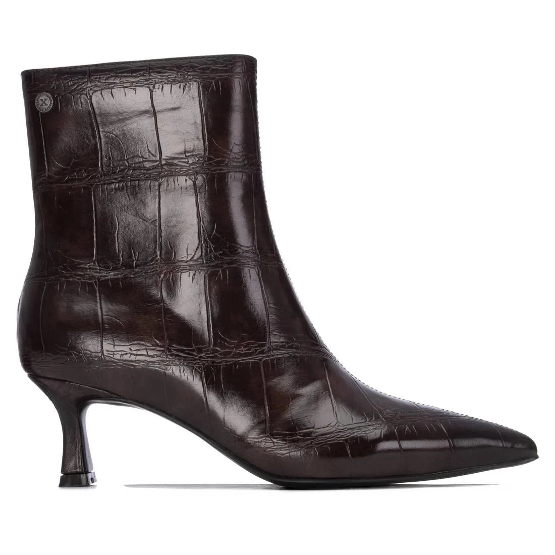Xti Chocolate Brown Croc-Effect Pointed Ankle Boots