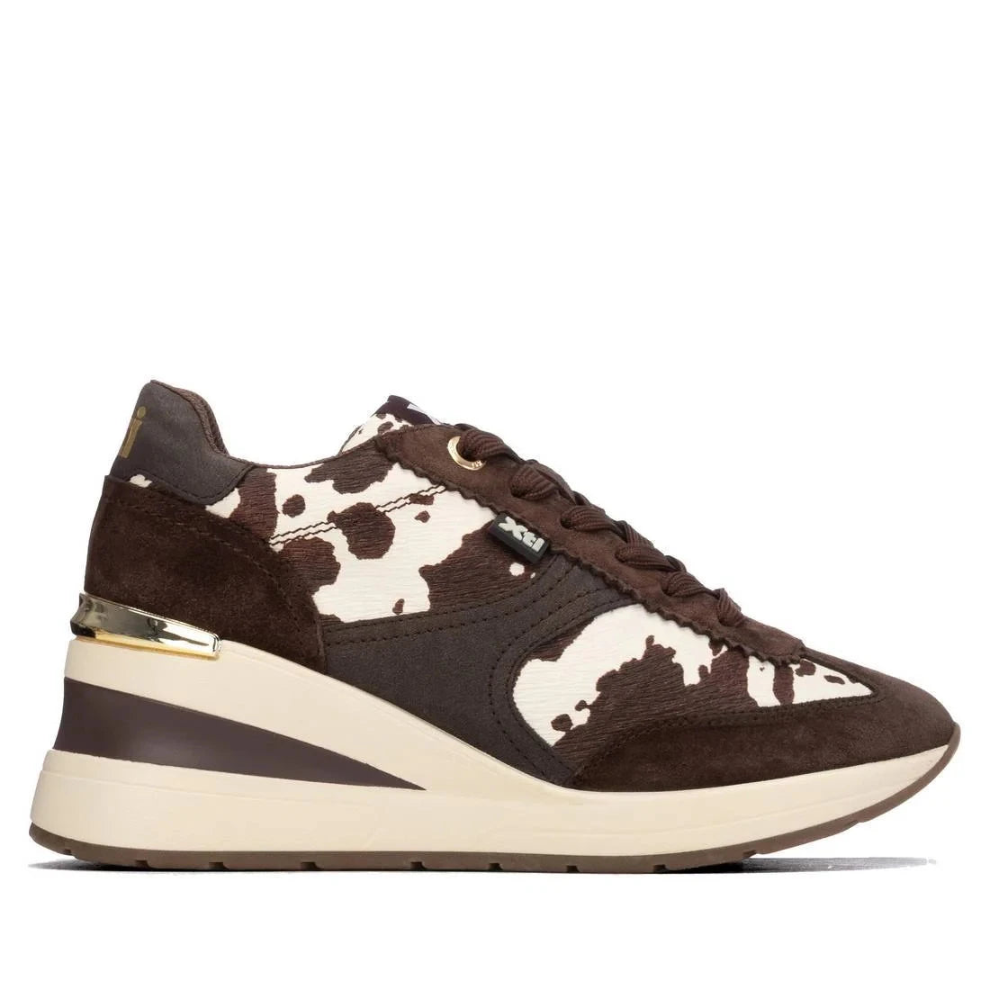 Xti Chocolate Brown Cow Print Wedge Trainers