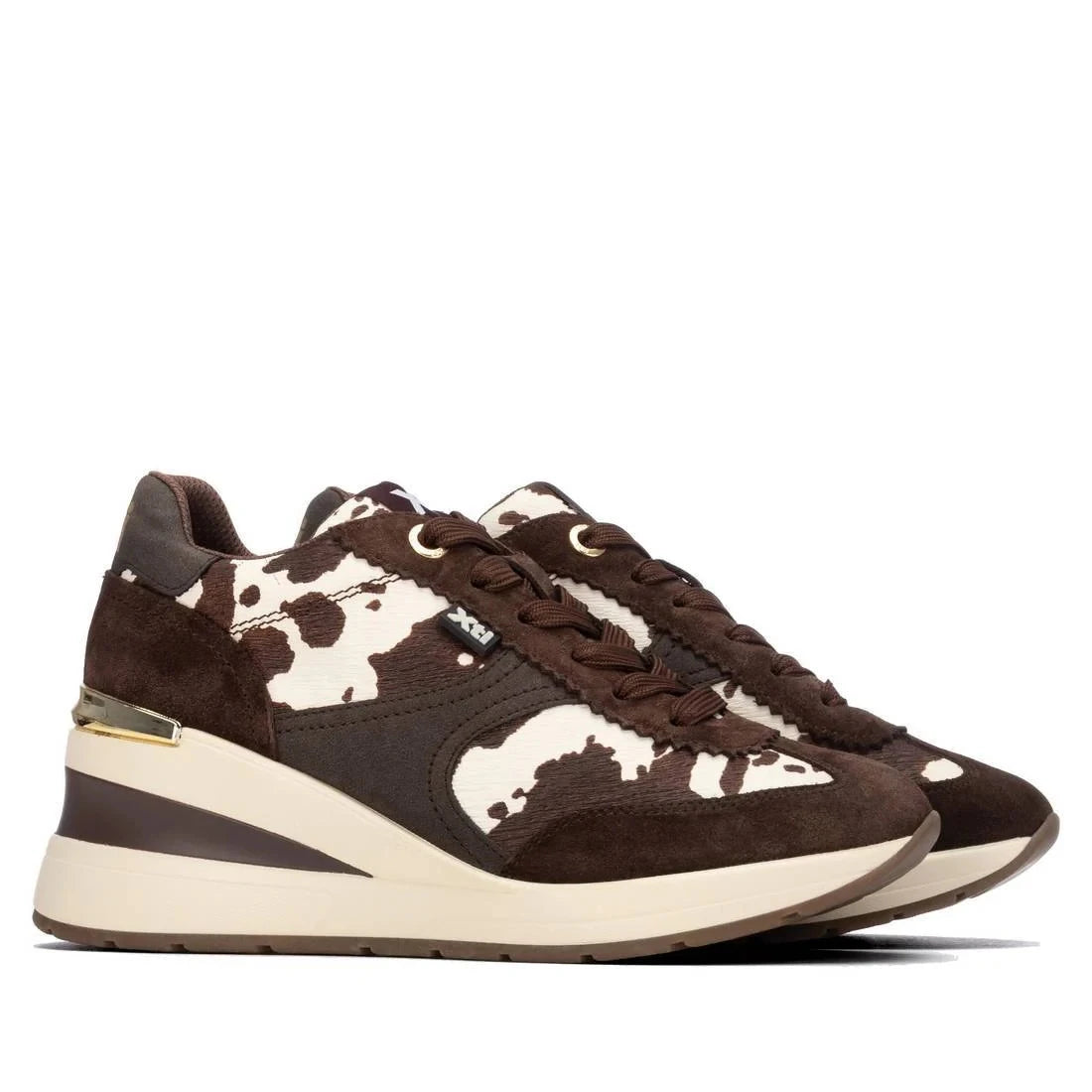 Xti Chocolate Brown Cow Print Wedge Trainers
