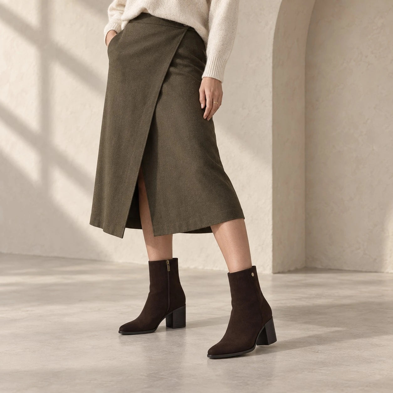 Xti Dark Chocolate Suede-Effect Block Heel Ankle Boots