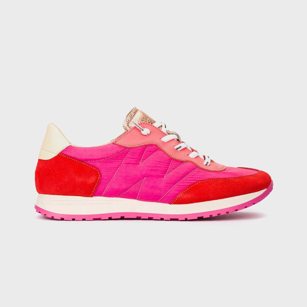 Pink and red sneaker on a light gray background
