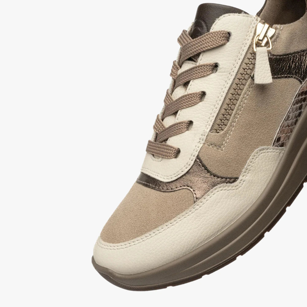 Ara Garda Cream & Taupe Leather Wide Fit Trainers