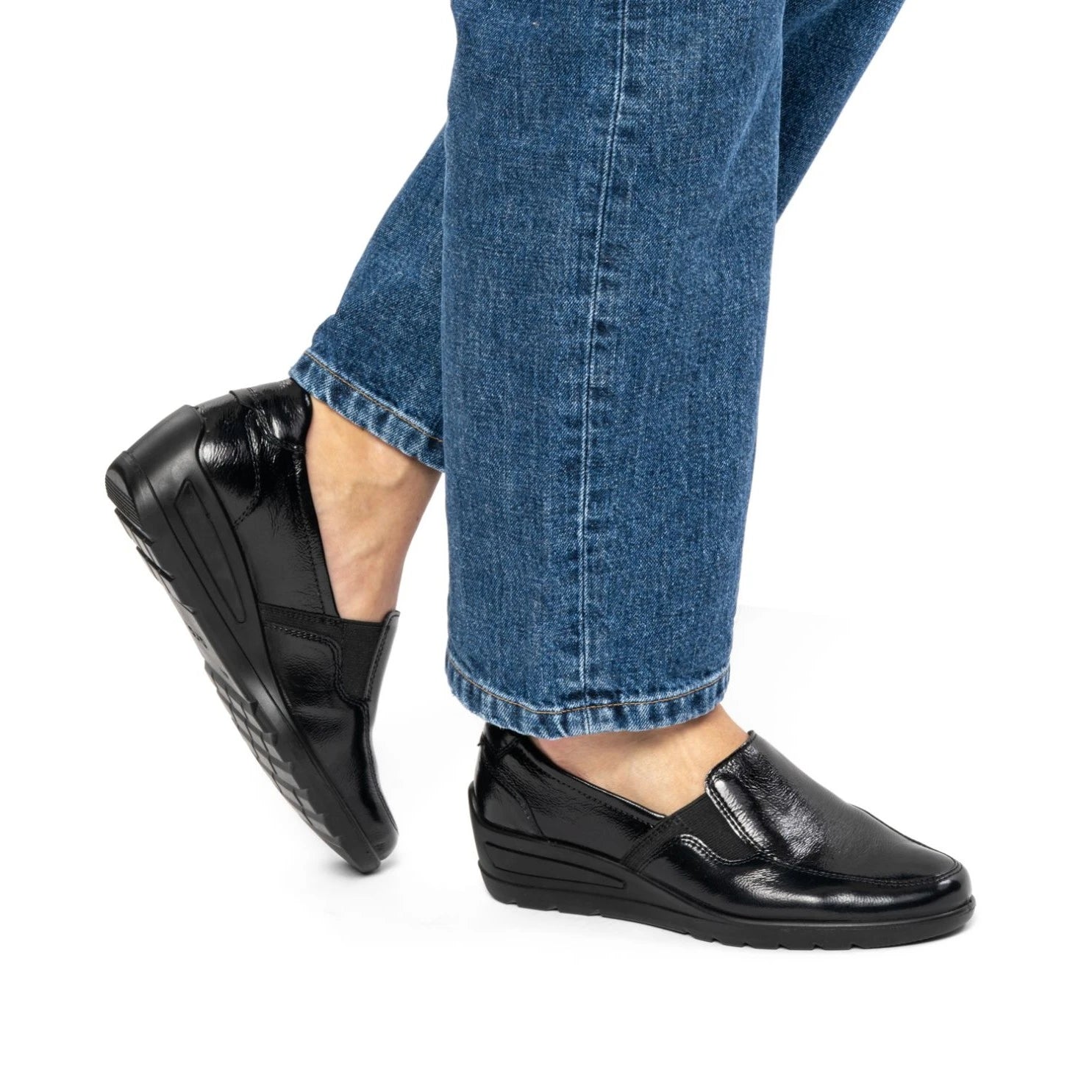 Ara Zürich Black Patent Wide Fit Wedge Loafers