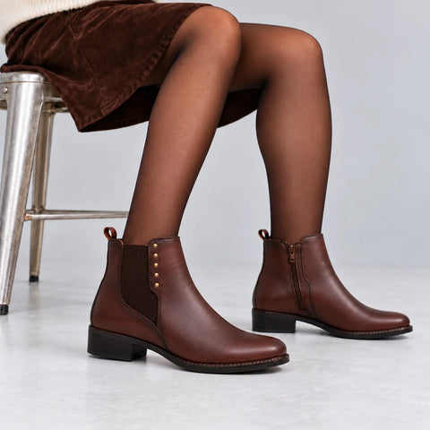 Dubarry Crest chestnut leather Chelsea ankle boots styled on a model