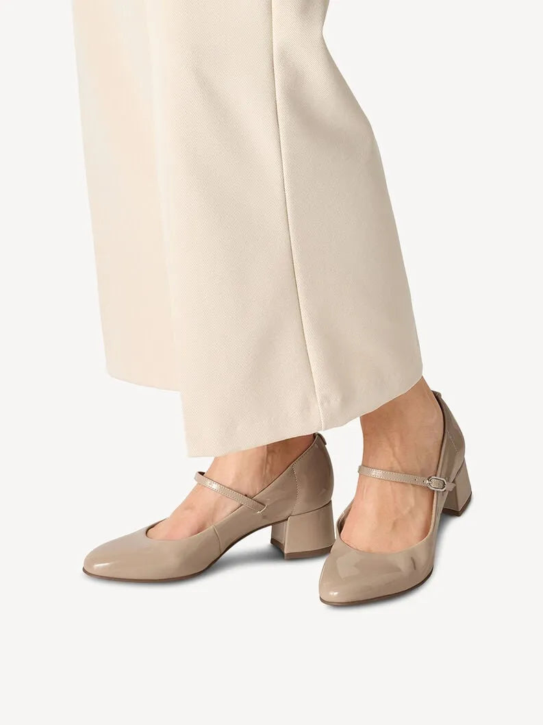 Tamaris Beige Patent Block Heel – Elegant & Comfortable - Leavys Shoes