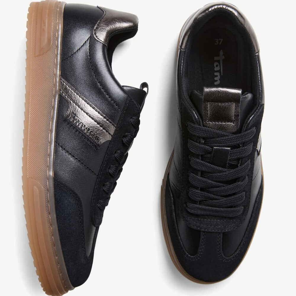 Tamaris Black Leather Lace-Up Sneaker with Bronze Accents - Leavys Shoes