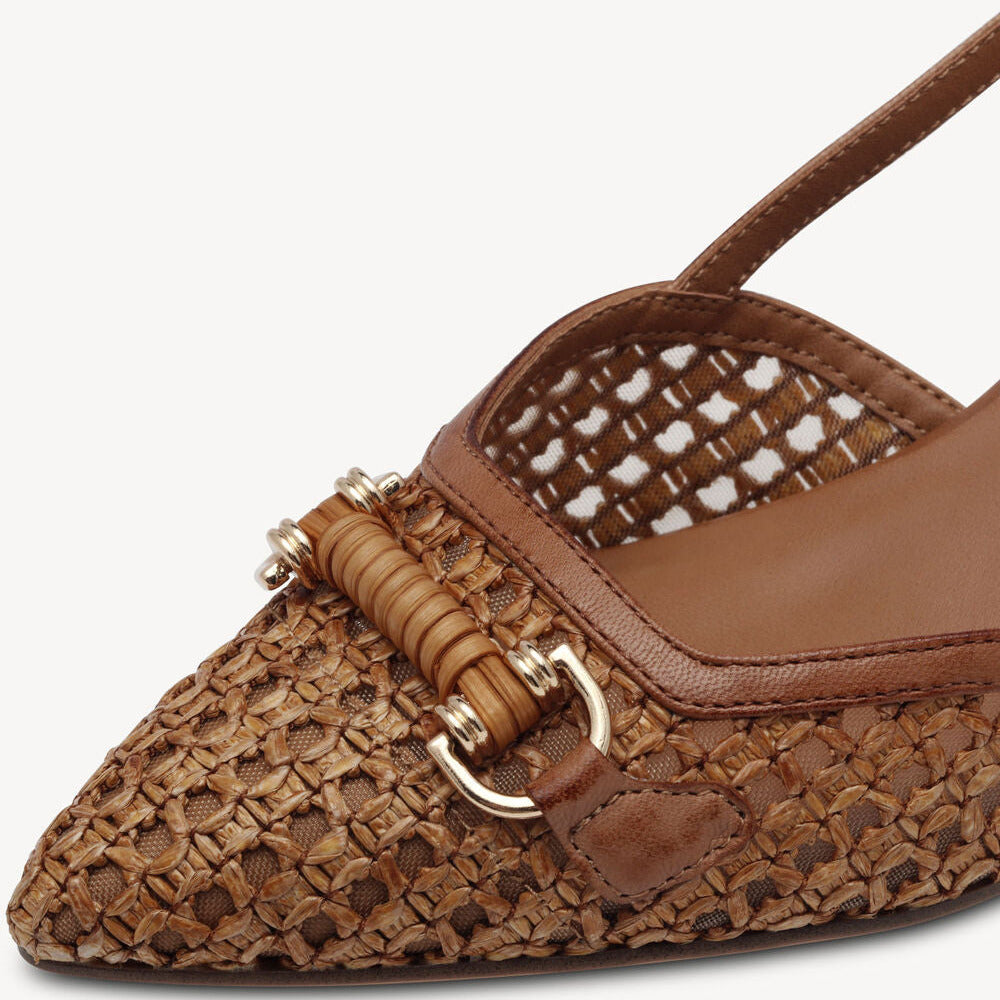 Brown woven sandal with a strap on a white background