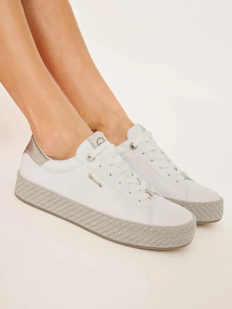Tamaris White Platform Trainer with Espradrille Gold Detail - Leavys Shoes