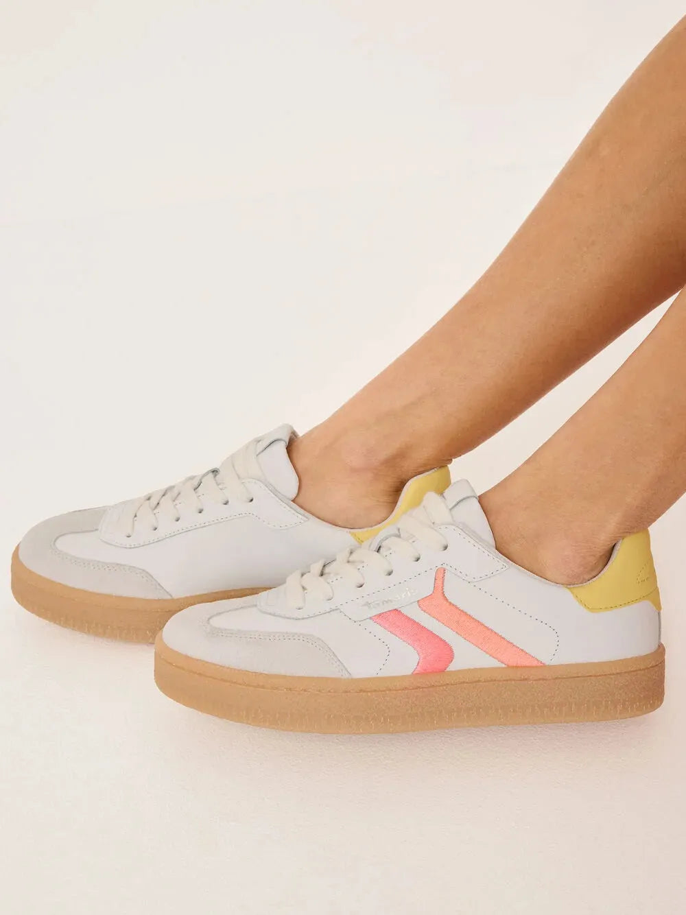 Tamaris Trendy White Runners – Gum Sole, Colourful Accents - Leavys Shoes