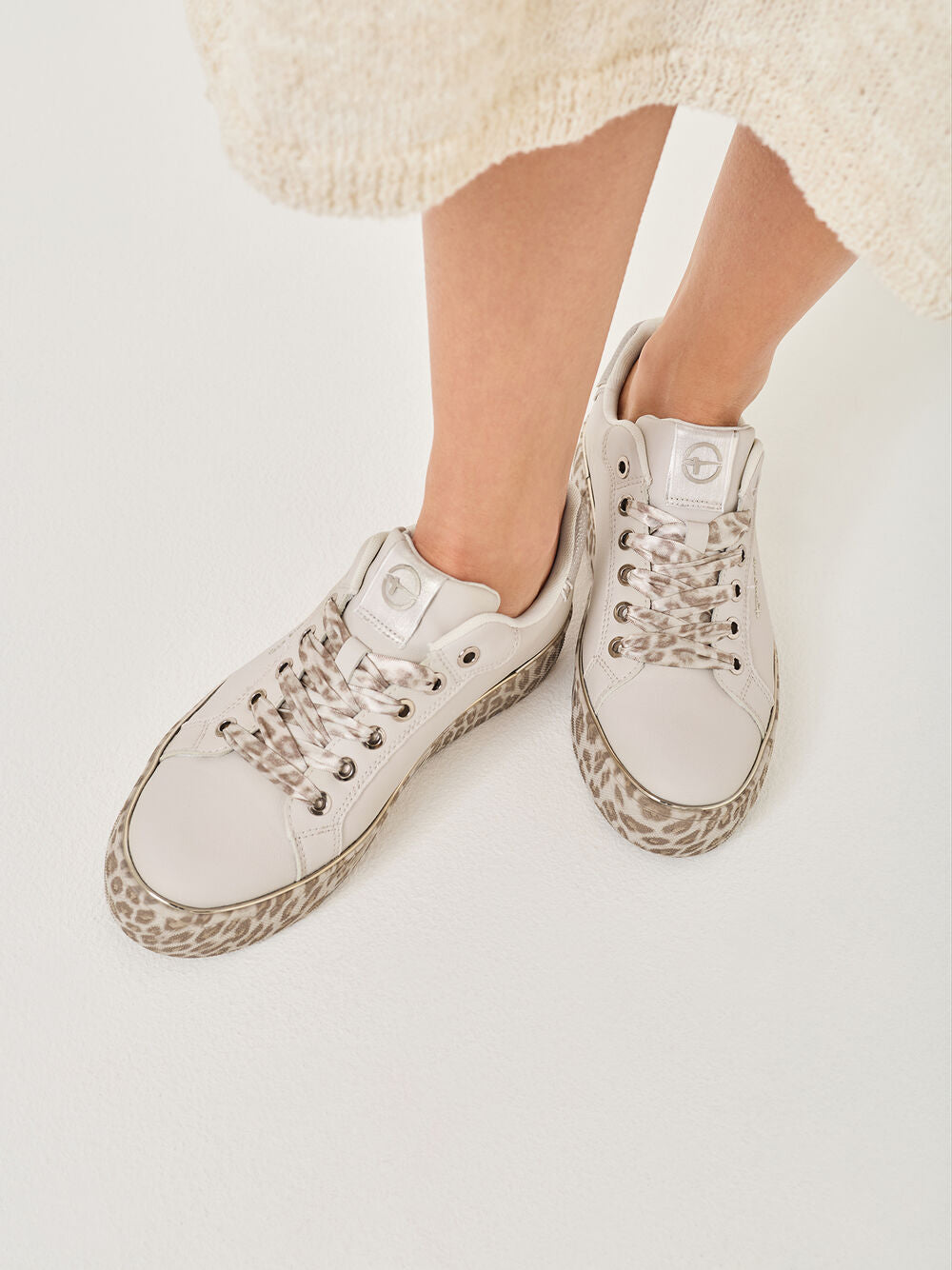 Tamaris Beige Trainer with Leopard Sole