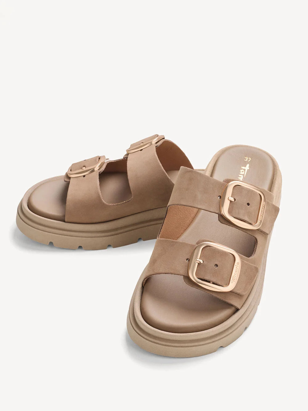 Tamaris Taupe Nubuck Buckle Slides