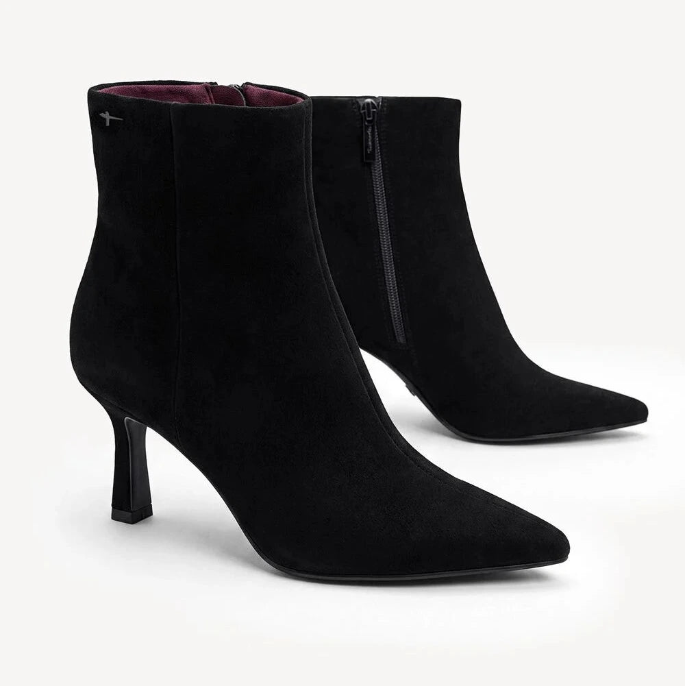 A pair of black suede ankle boots with pointed toes and kitten heels, shown from the side and back on a clean white background.