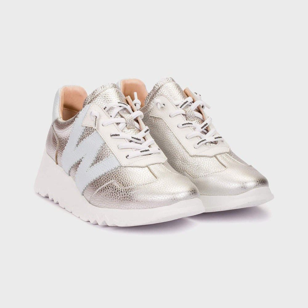 Pair of silver sneakers on a white background