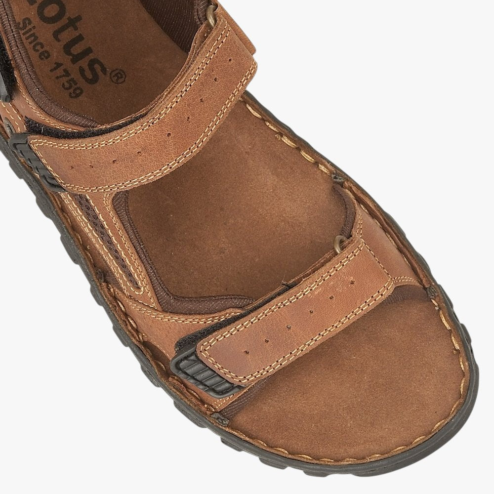 Lotus Men's Tan Leather Strap Sandals with Triple Rip-Tape - Leavys Shoes