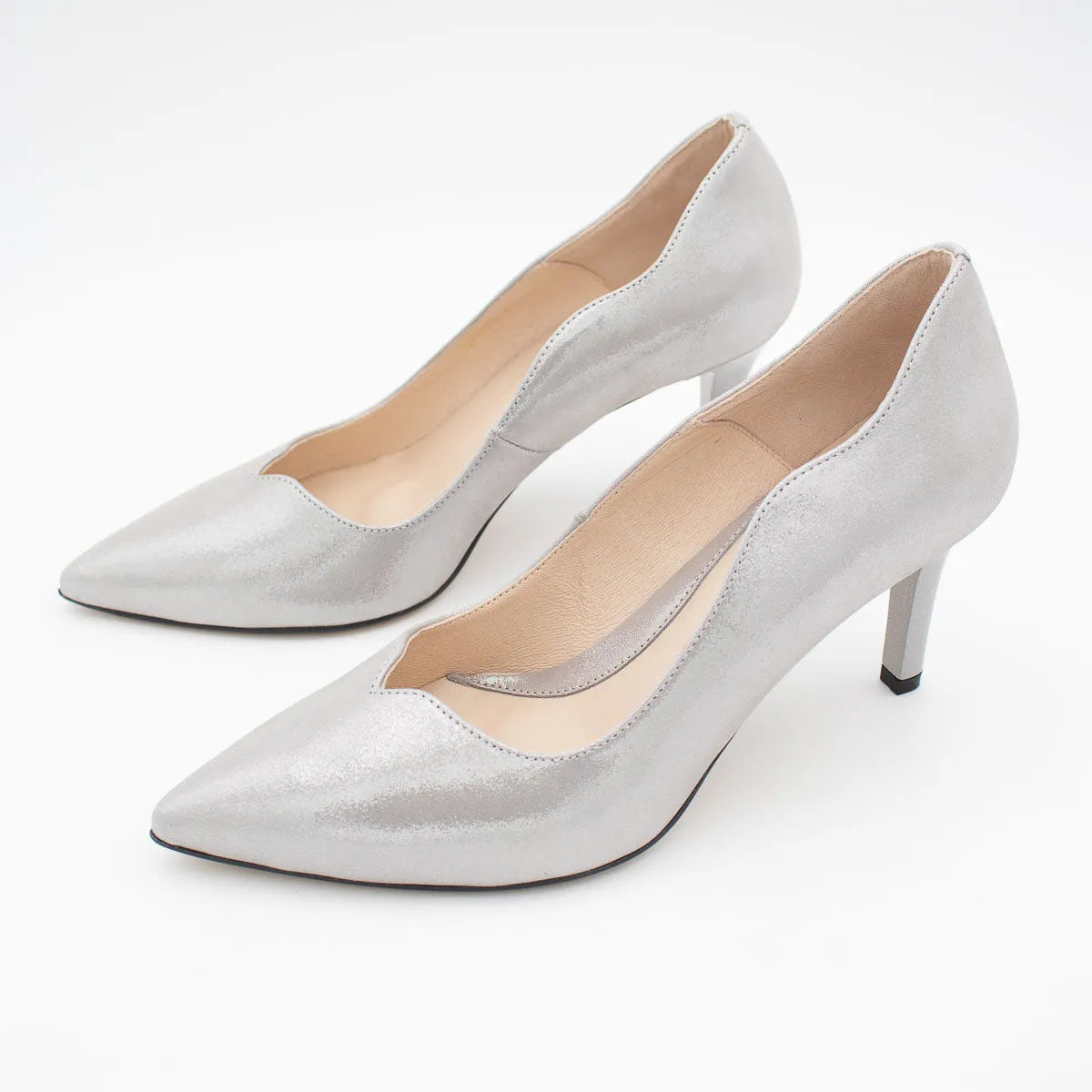 Emis Silver Leather Court Heels with Mid Heel - Leavys Shoes