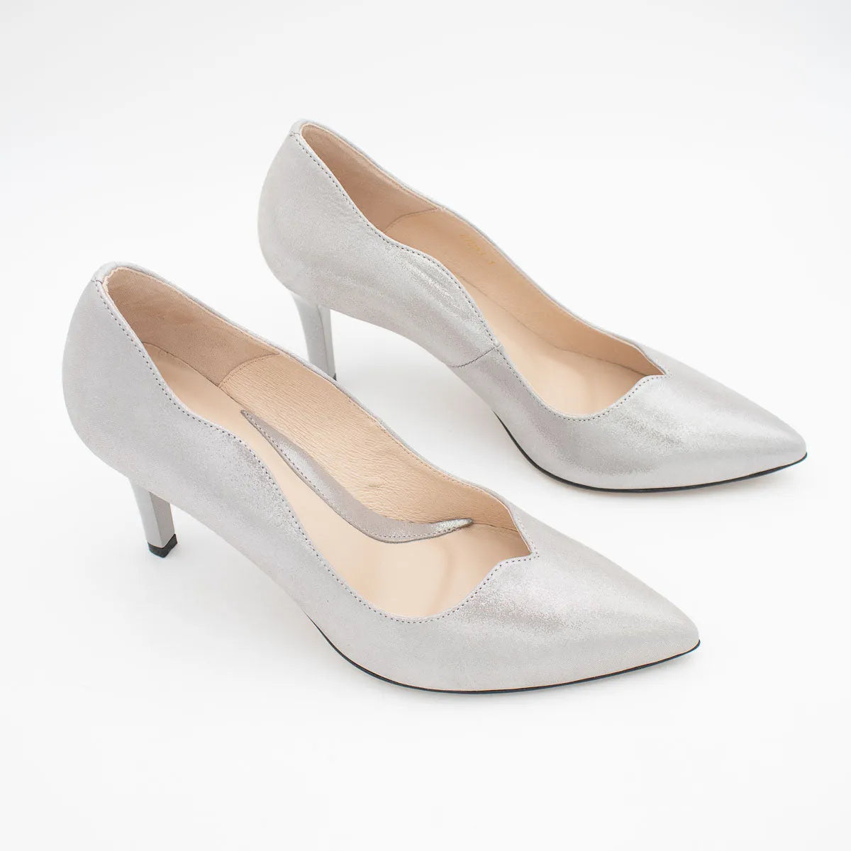 Emis Silver Leather Court Heels with Mid Heel - Leavys Shoes