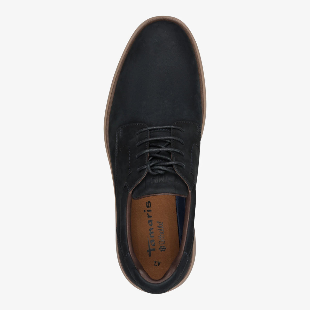 Top view of the Tamaris men's navy lace-up shoe, showing the rounded toe and removable footbed.