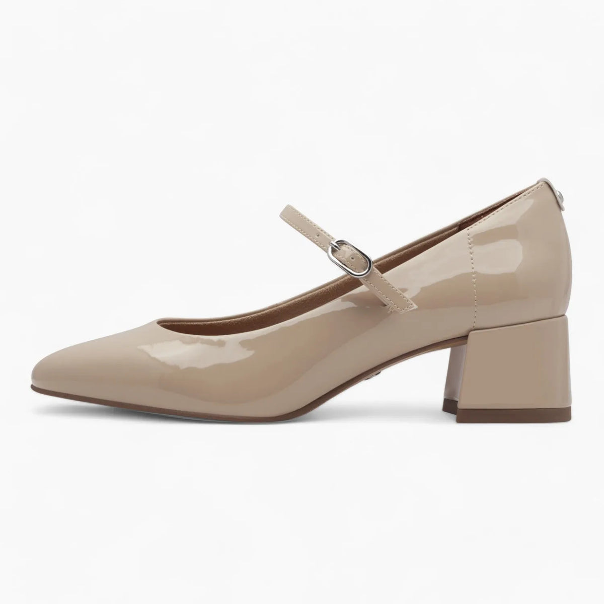 Tamaris Beige Patent Block Heel – Elegant &amp; Comfortable - Leavys Shoes