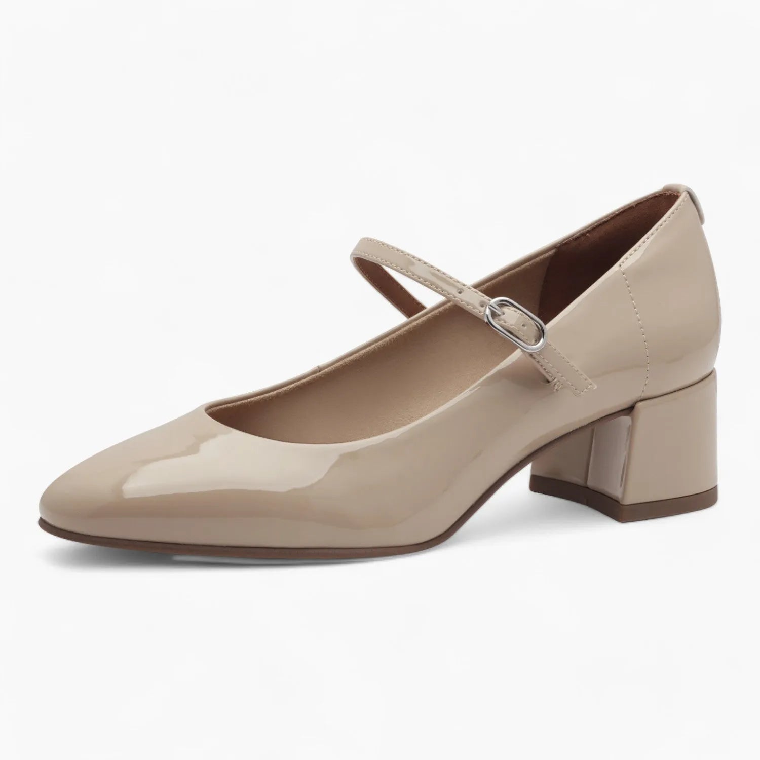 Tamaris Beige Patent Block Heel – Elegant & Comfortable - Leavys Shoes