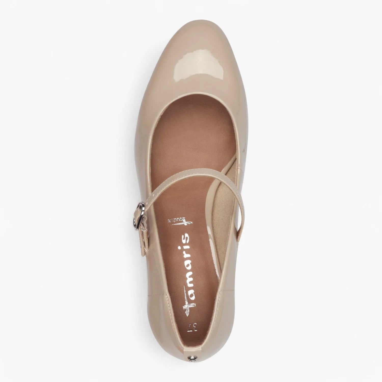 Tamaris Beige Patent Block Heel – Elegant & Comfortable - Leavys Shoes