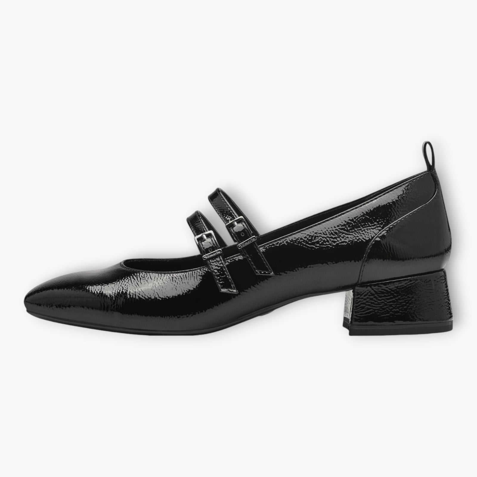 Tamaris Black Patent Mary Jane Heels with Square Toe and Adjustable Straps