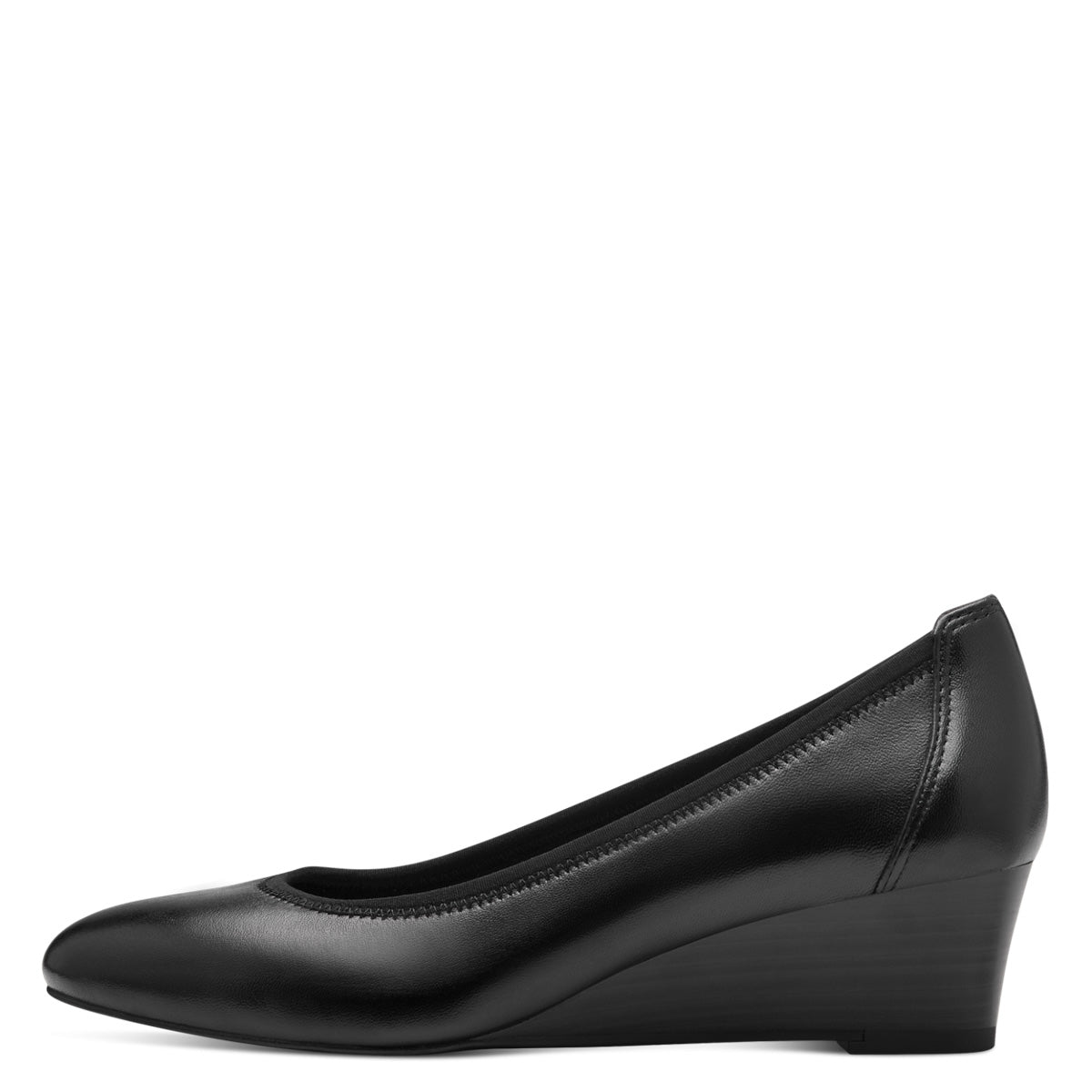 Front view of the Tamaris Black Leather Wedge Pump.