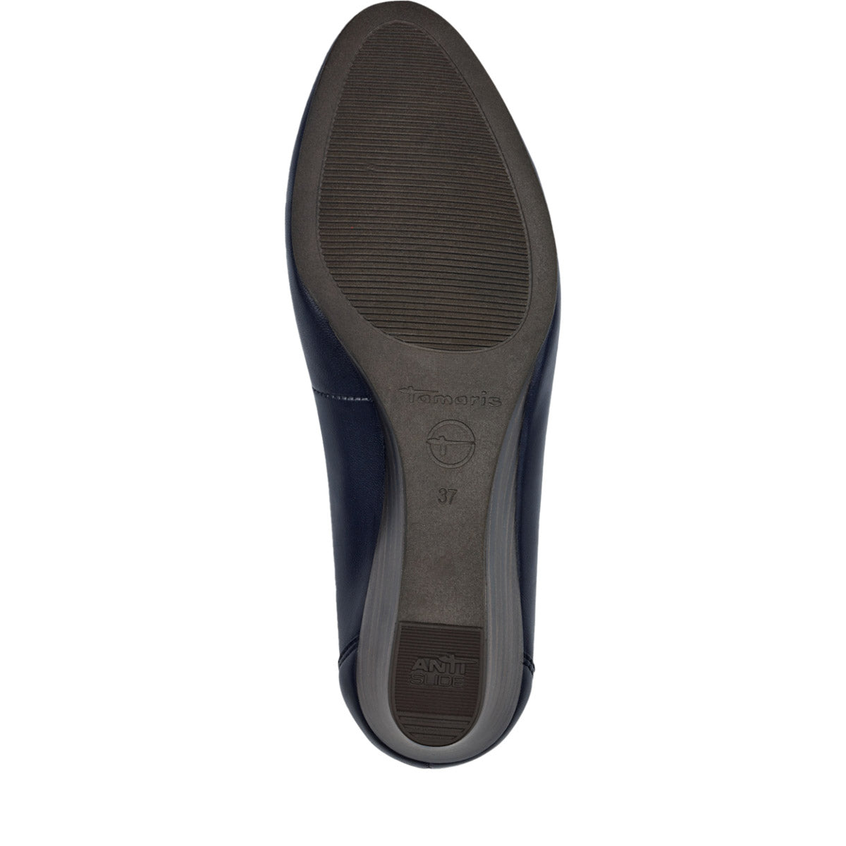 Sole view showing the durable synthetic material.