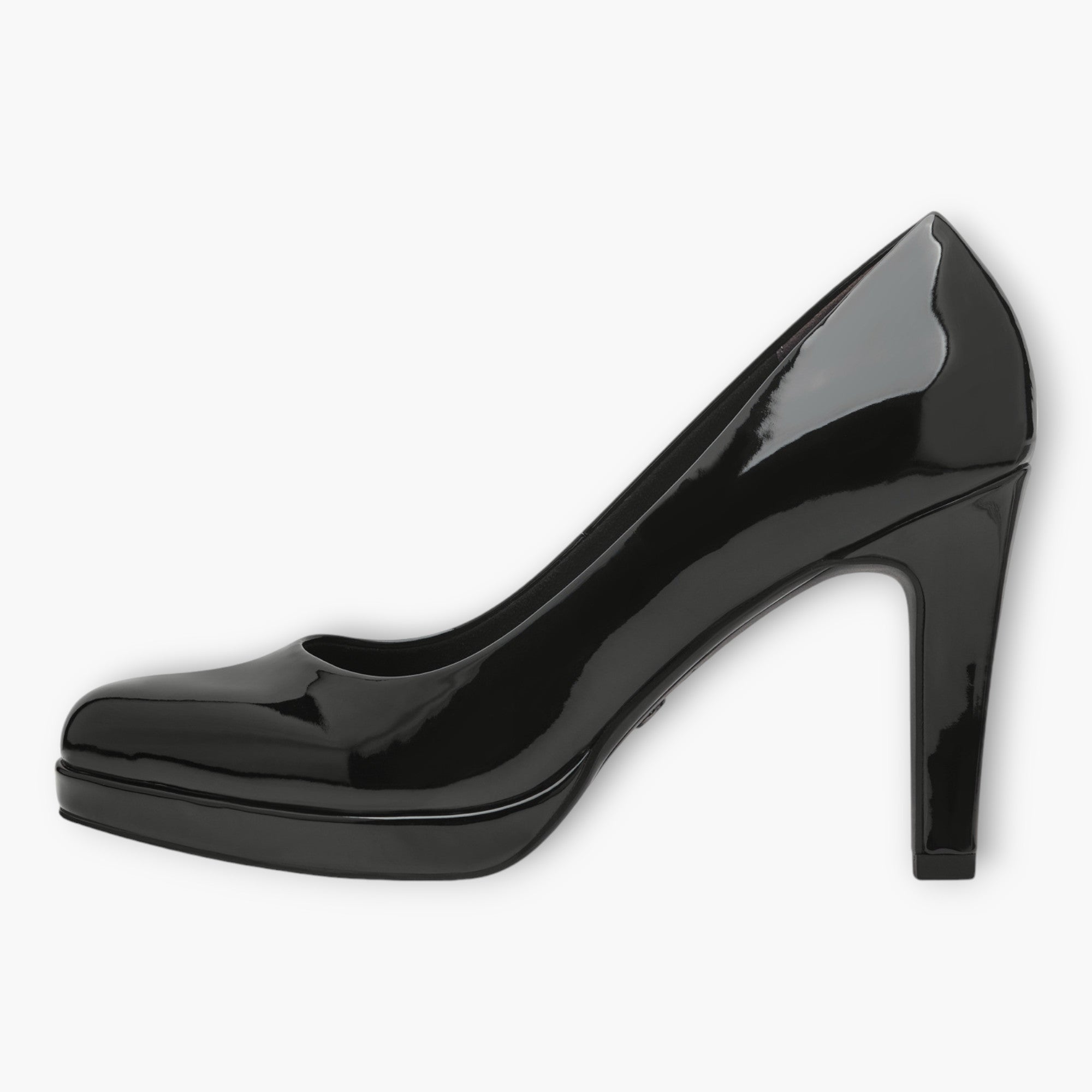 Tamaris Black Patent Court Shoe with Stiletto Heel and Platform