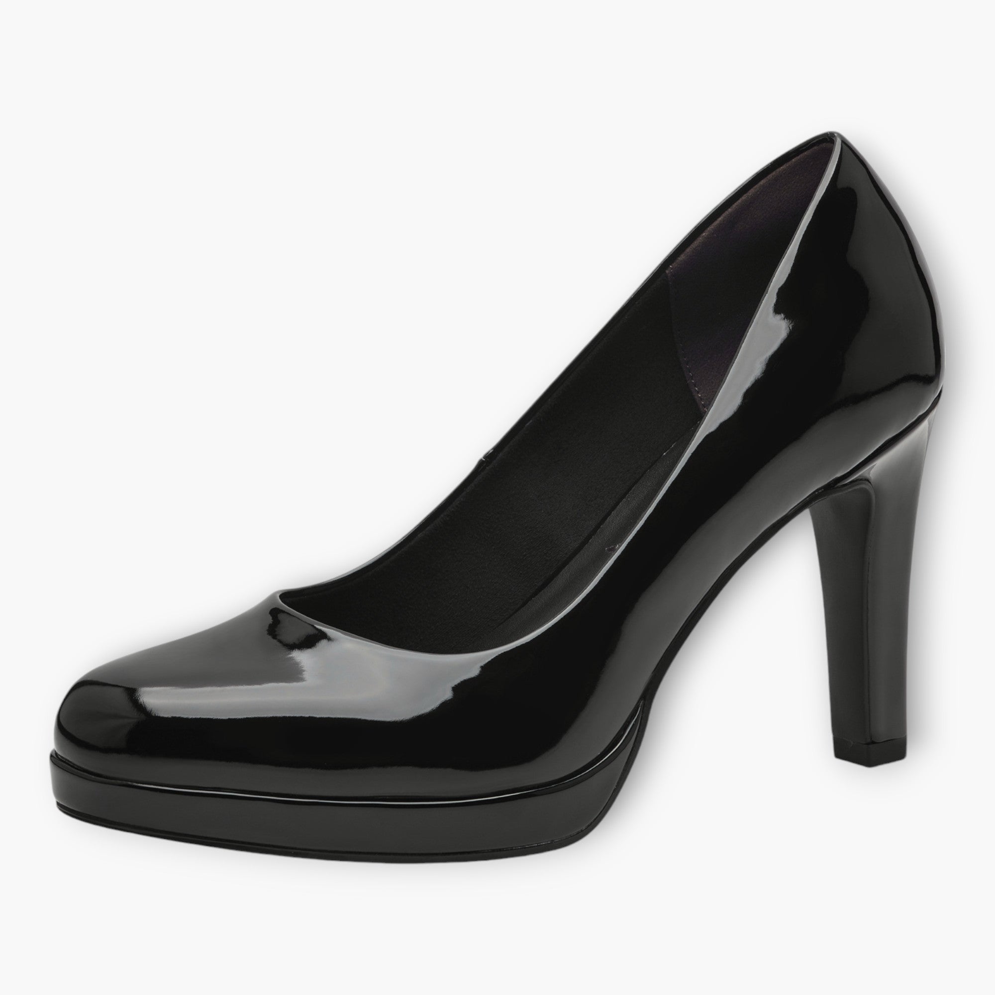 Tamaris Black Patent Court Shoe with Stiletto Heel and Platform