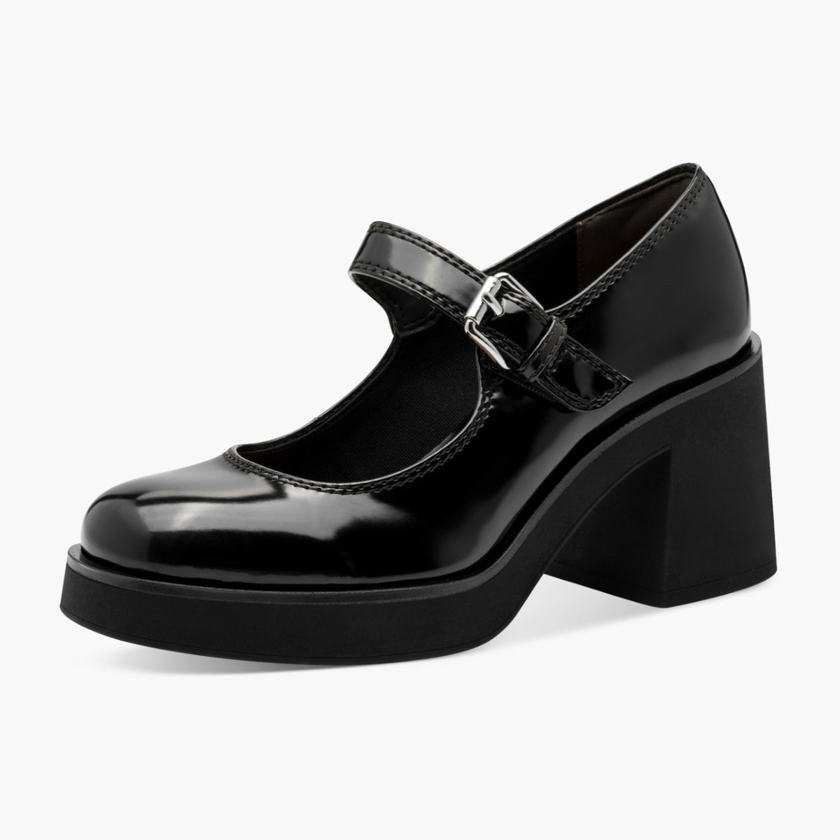 Tamaris Black Patent Court Shoe with Banana Heel - Leavys Shoes