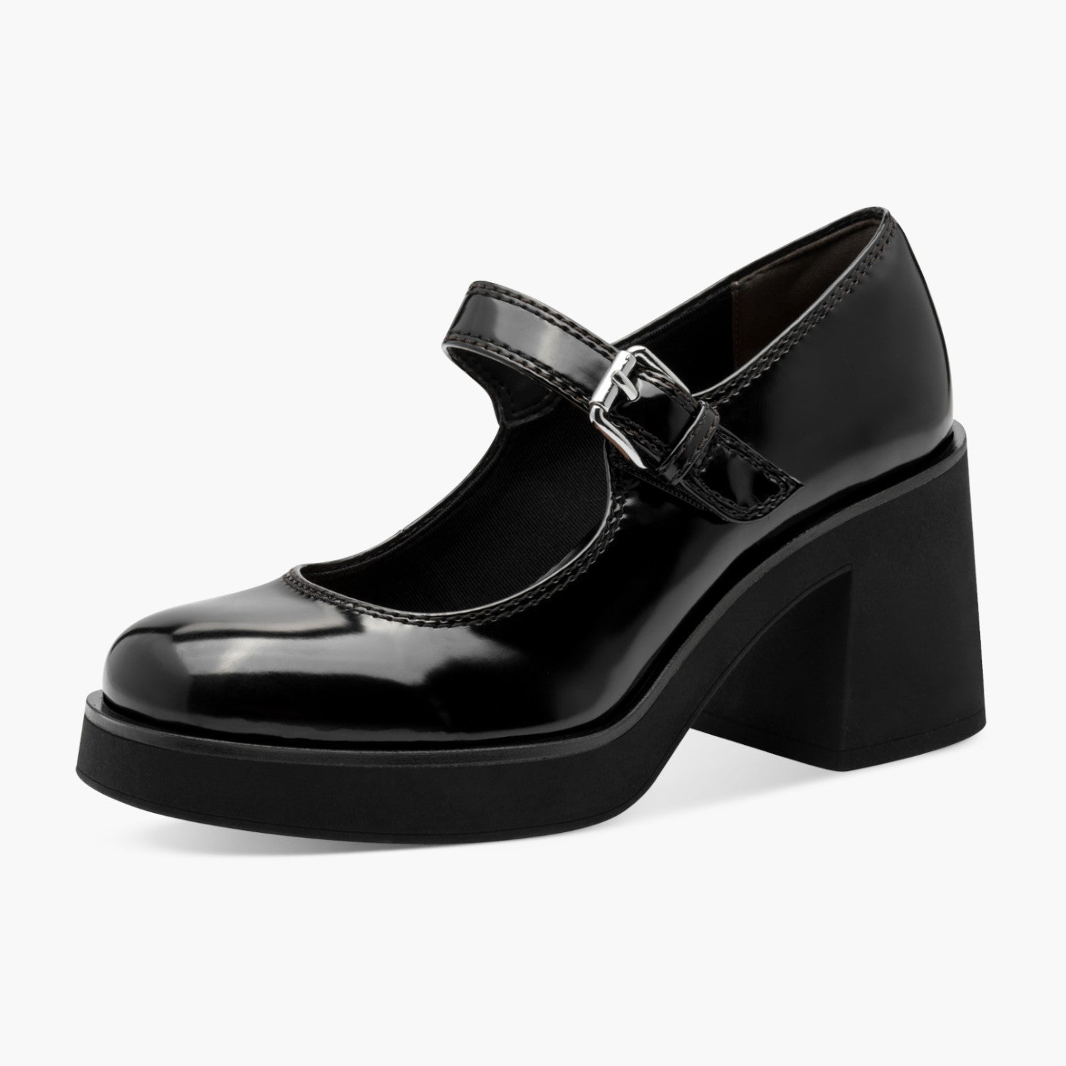 Tamaris Black Patent Court Shoe with Banana Heel - Leavys Shoes