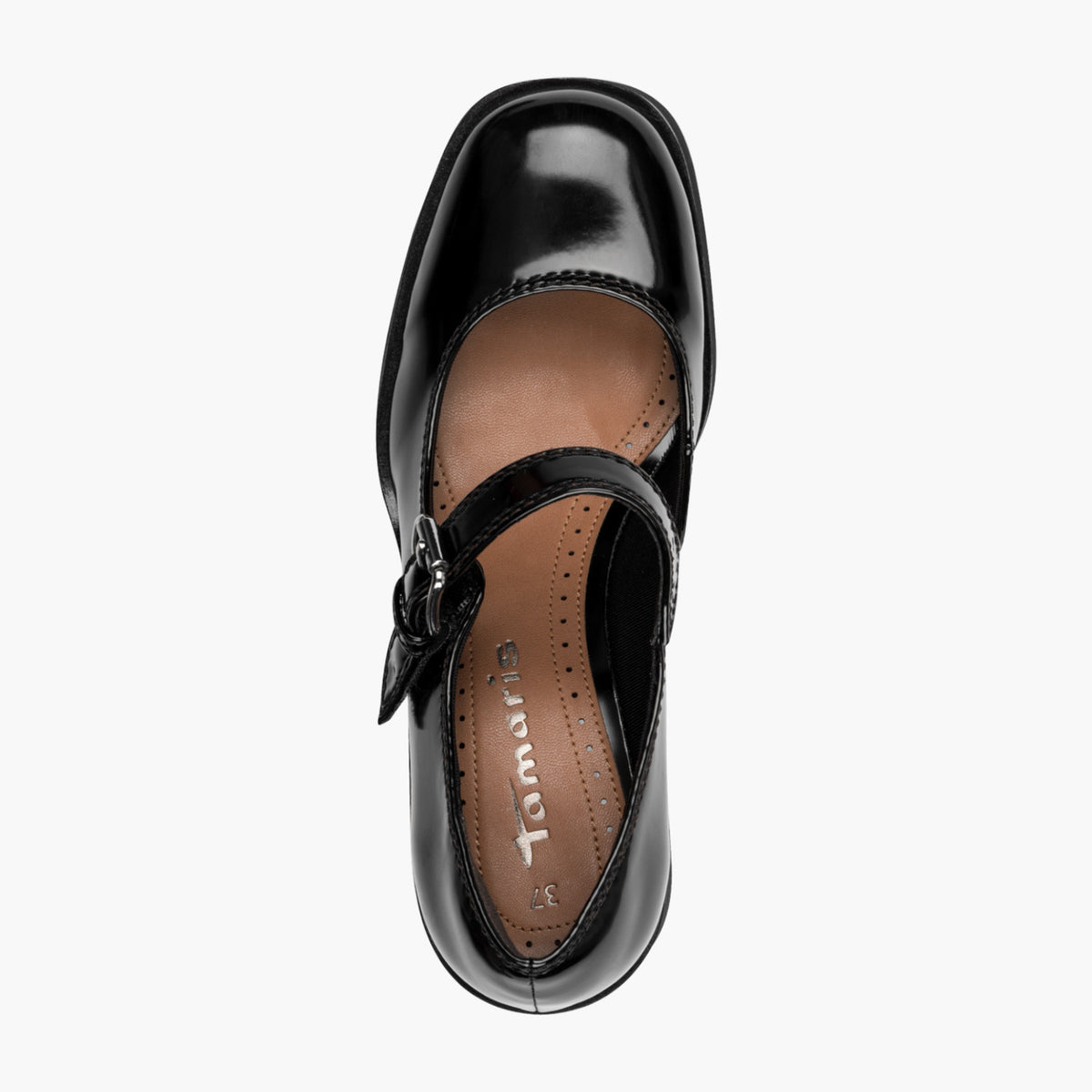 Tamaris Black Patent Court Shoe with Banana Heel - Leavys Shoes
