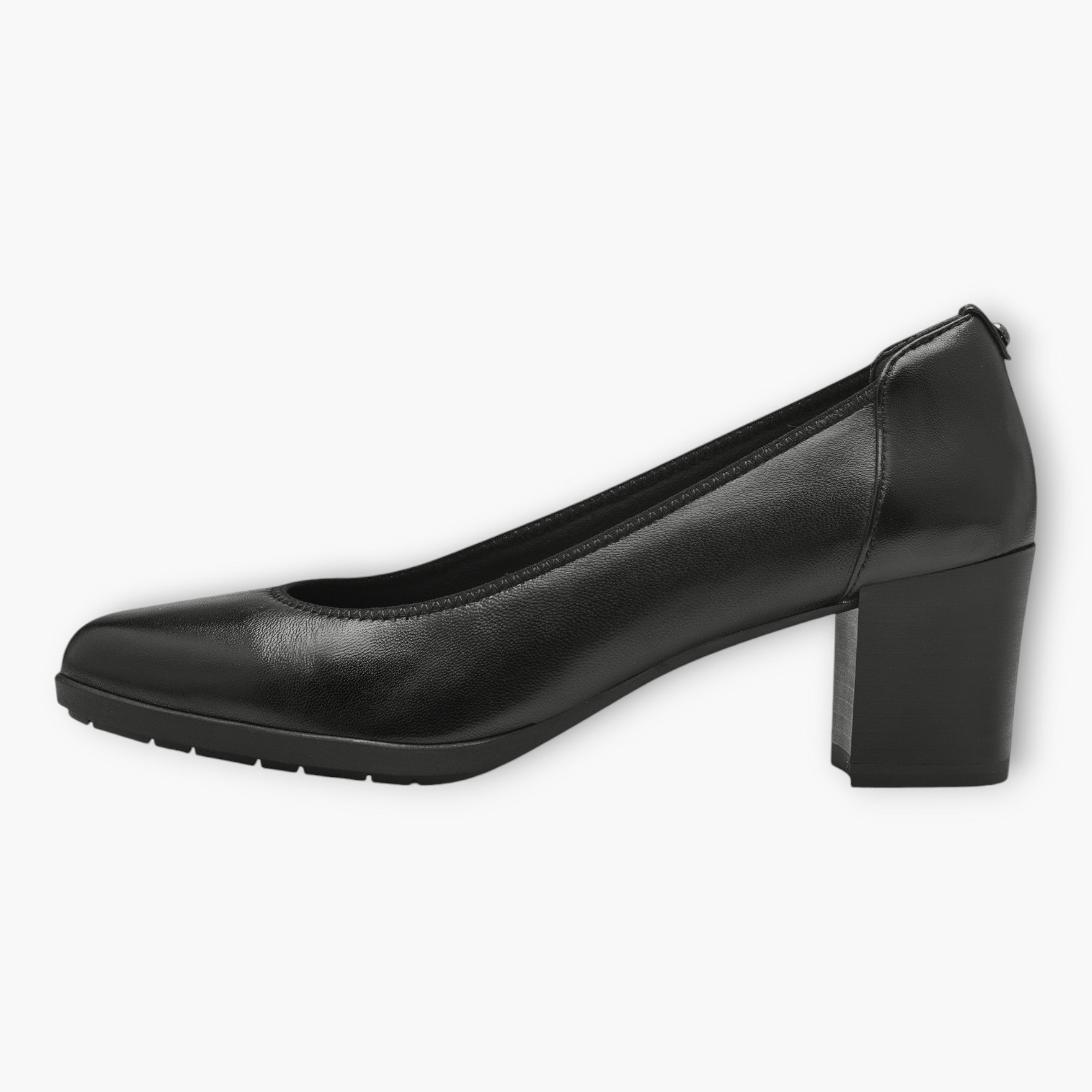 Tamaris Black Leather Court Shoe with Funnel Heel and Soft Footbed - Leavys Shoes