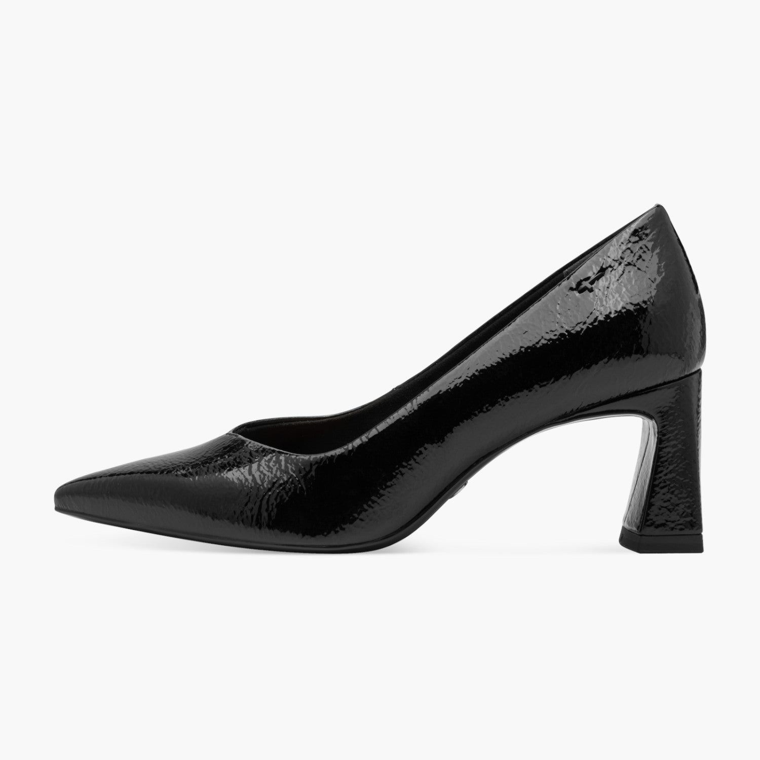 Tamaris Black Patent Court Shoes with Banana Heel - Leavys Shoes