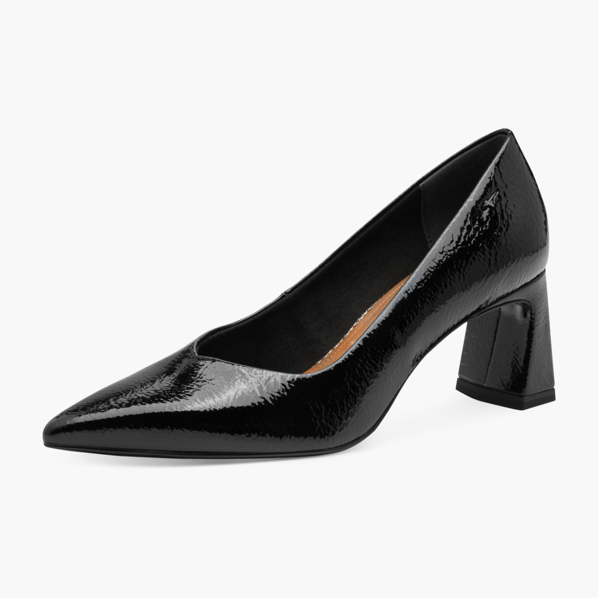 Tamaris Black Patent Court Shoes with Banana Heel - Leavys Shoes