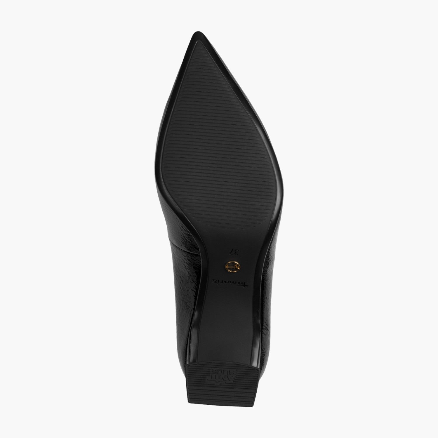 Tamaris Black Patent Court Shoes with Banana Heel - Leavys Shoes