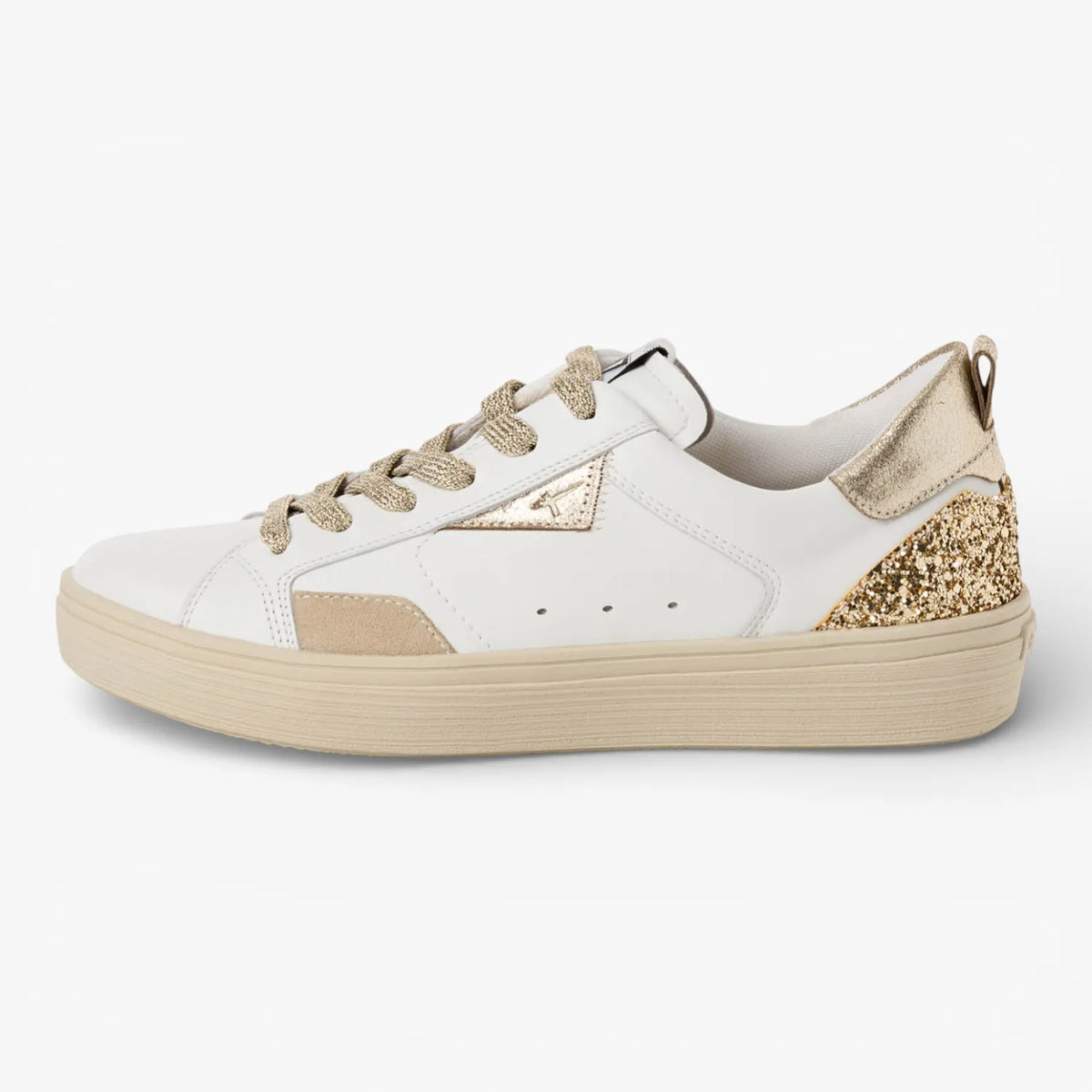 Tamaris White and Light Gold Glitter Trainer with Removable Insole