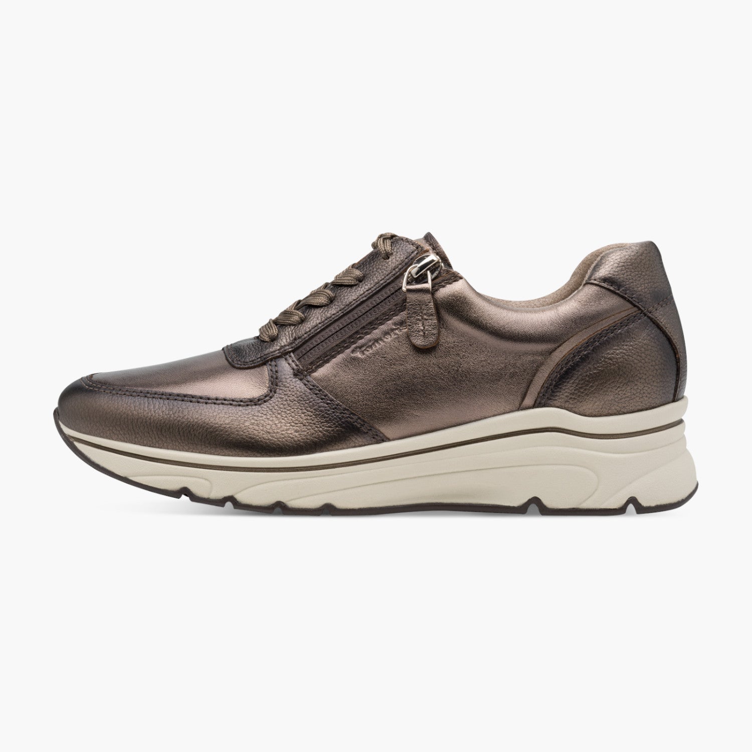 Tamaris Bronze Leather Lace-Up Sneaker with Side Zip - Leavys Shoes