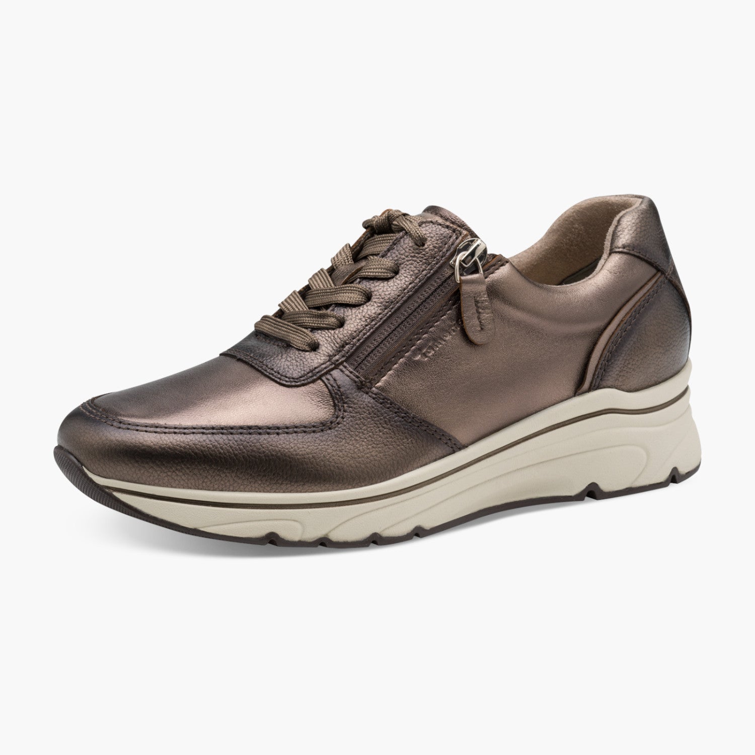Tamaris Bronze Leather Lace-Up Sneaker with Side Zip - Leavys Shoes