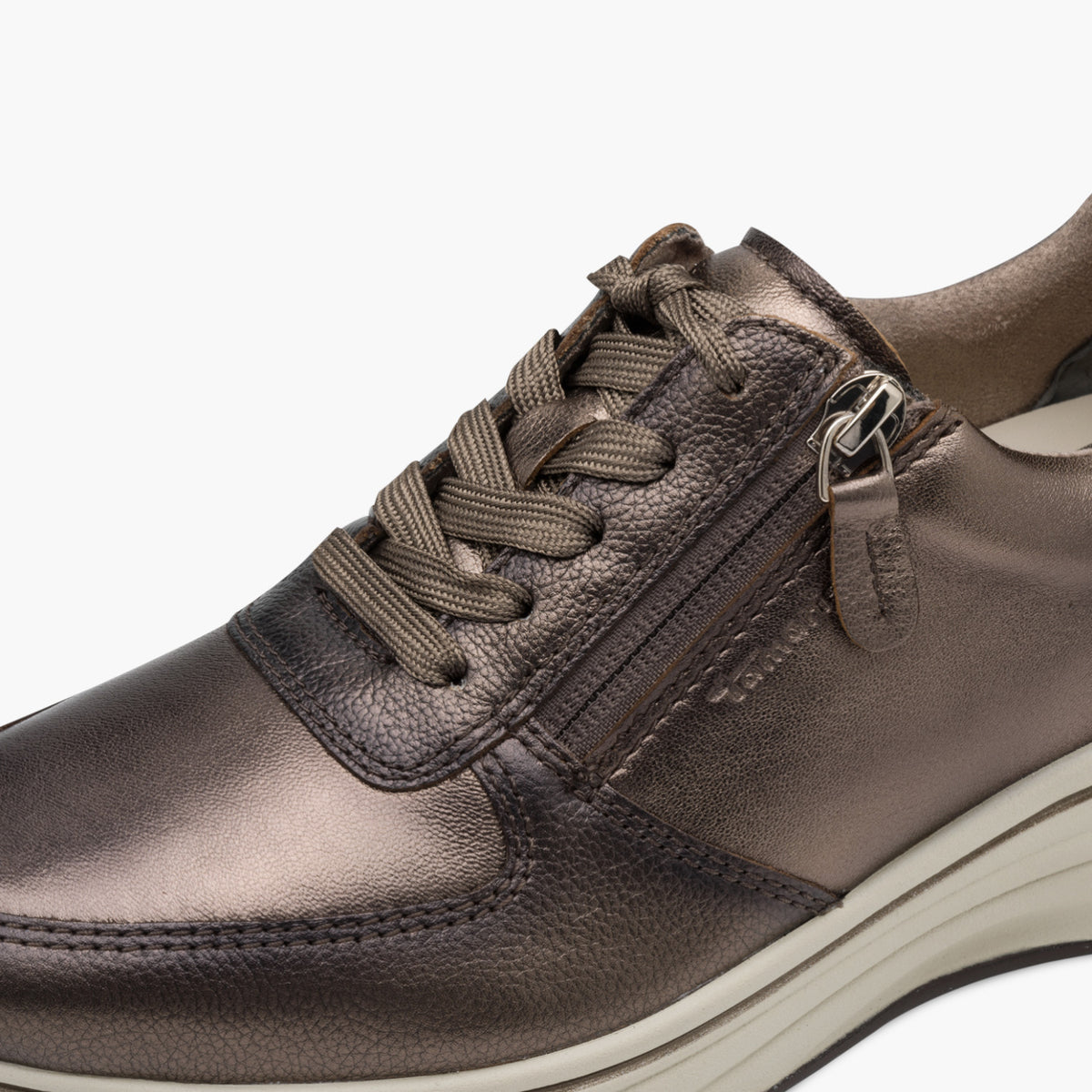 Tamaris Bronze Leather Lace-Up Sneaker with Side Zip - Leavys Shoes