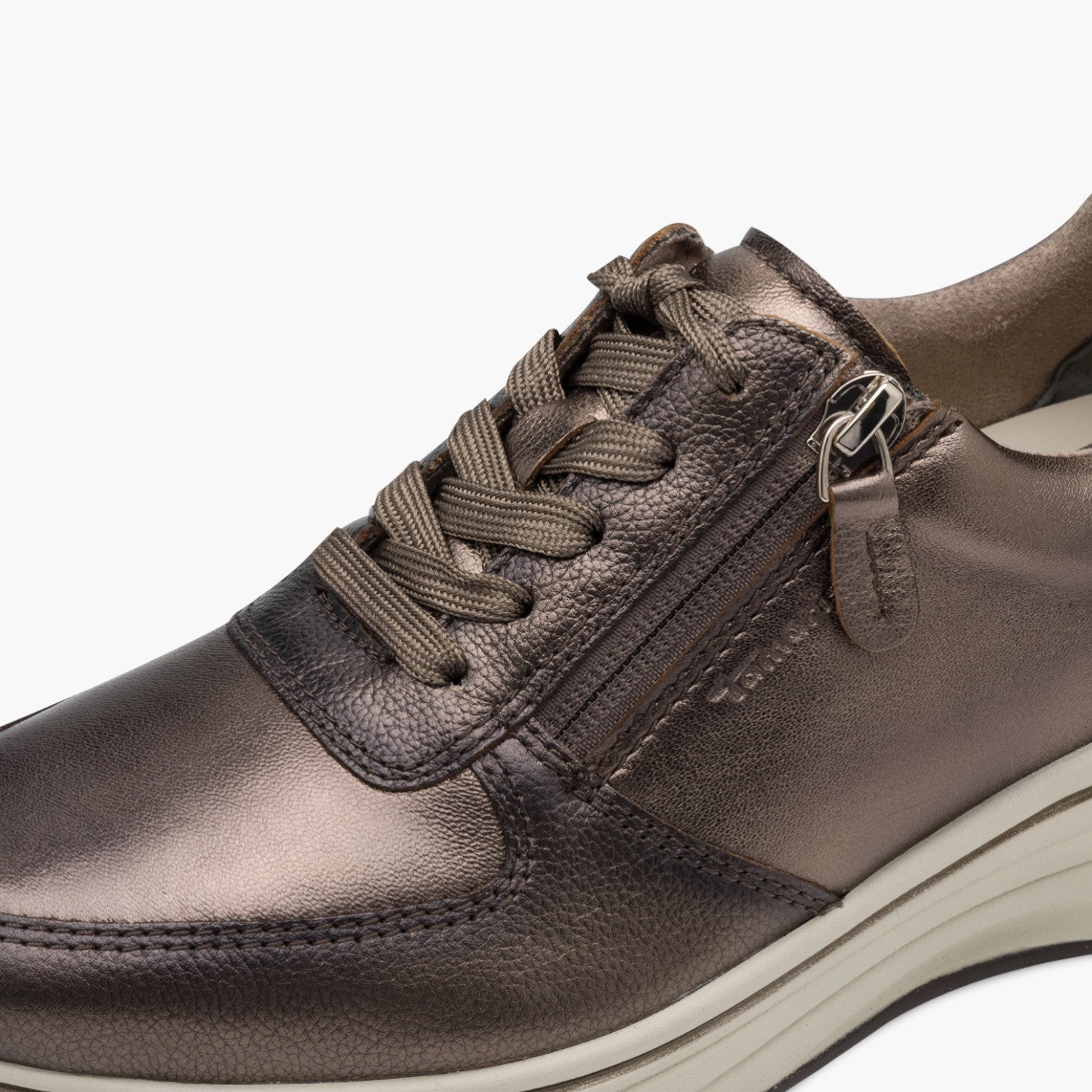Tamaris Bronze Leather Lace-Up Sneaker with Side Zip - Leavys Shoes