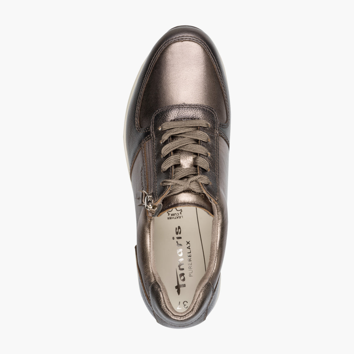 Tamaris Bronze Leather Lace-Up Sneaker with Side Zip - Leavys Shoes