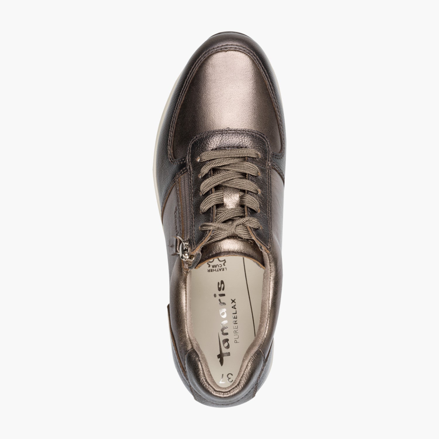 Tamaris Bronze Leather Lace-Up Sneaker with Side Zip - Leavys Shoes